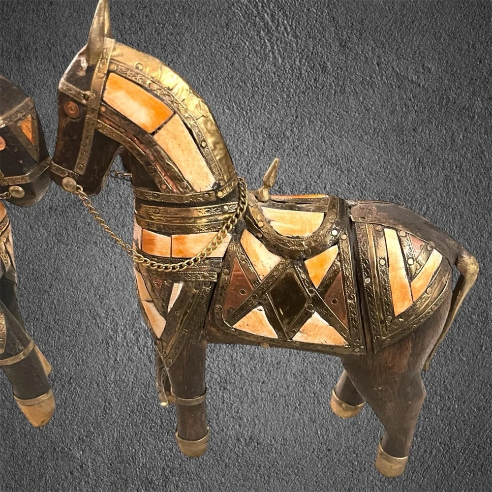 Pier 1 Egyptian War Horses Whittled From Black Wood w Copper, Brass & Seashells